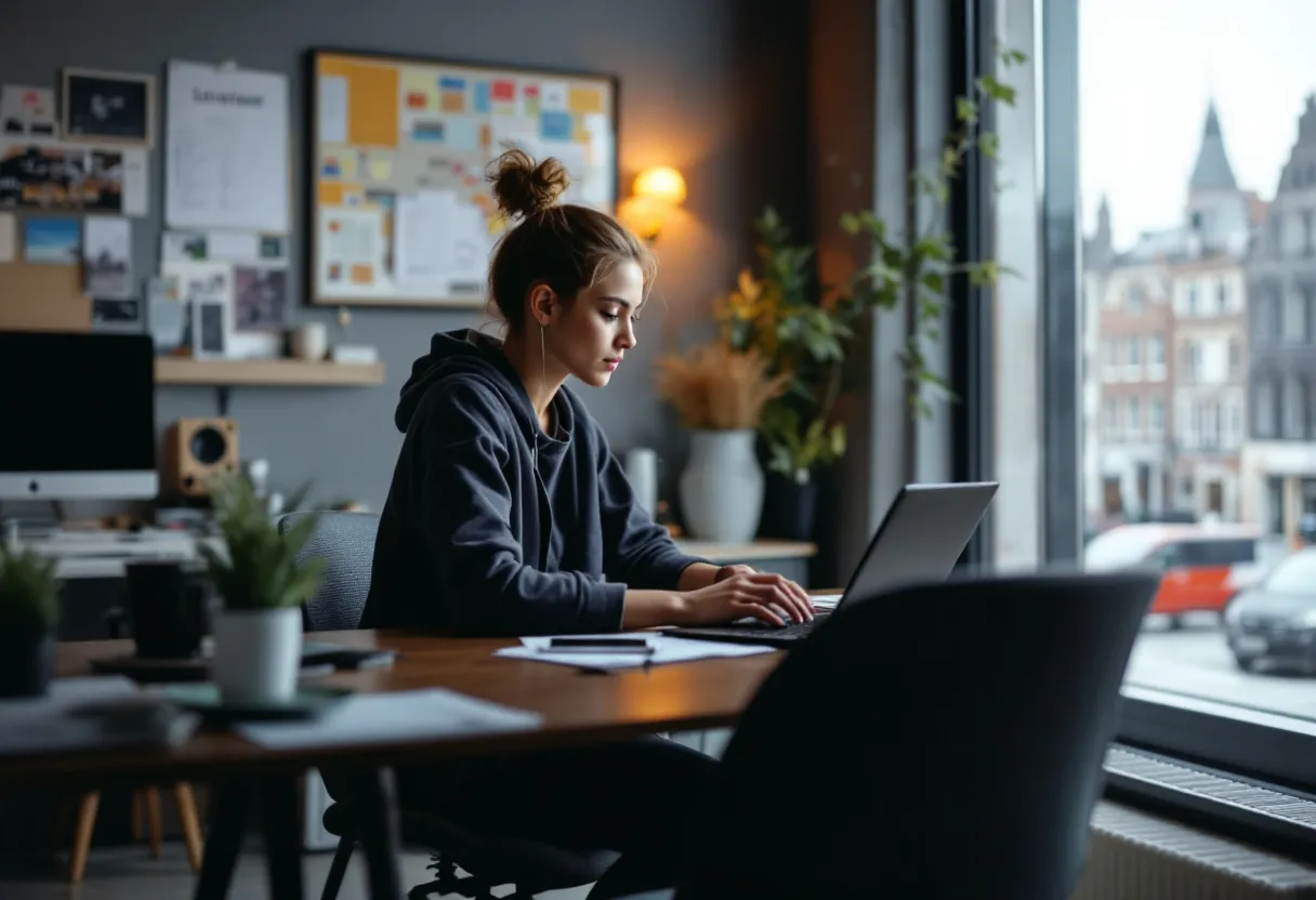 A young student sits at a sleek desk with a laptop and headphones, while she concentrates on organizing documents in a bright office with a view of a Flemish inner city.