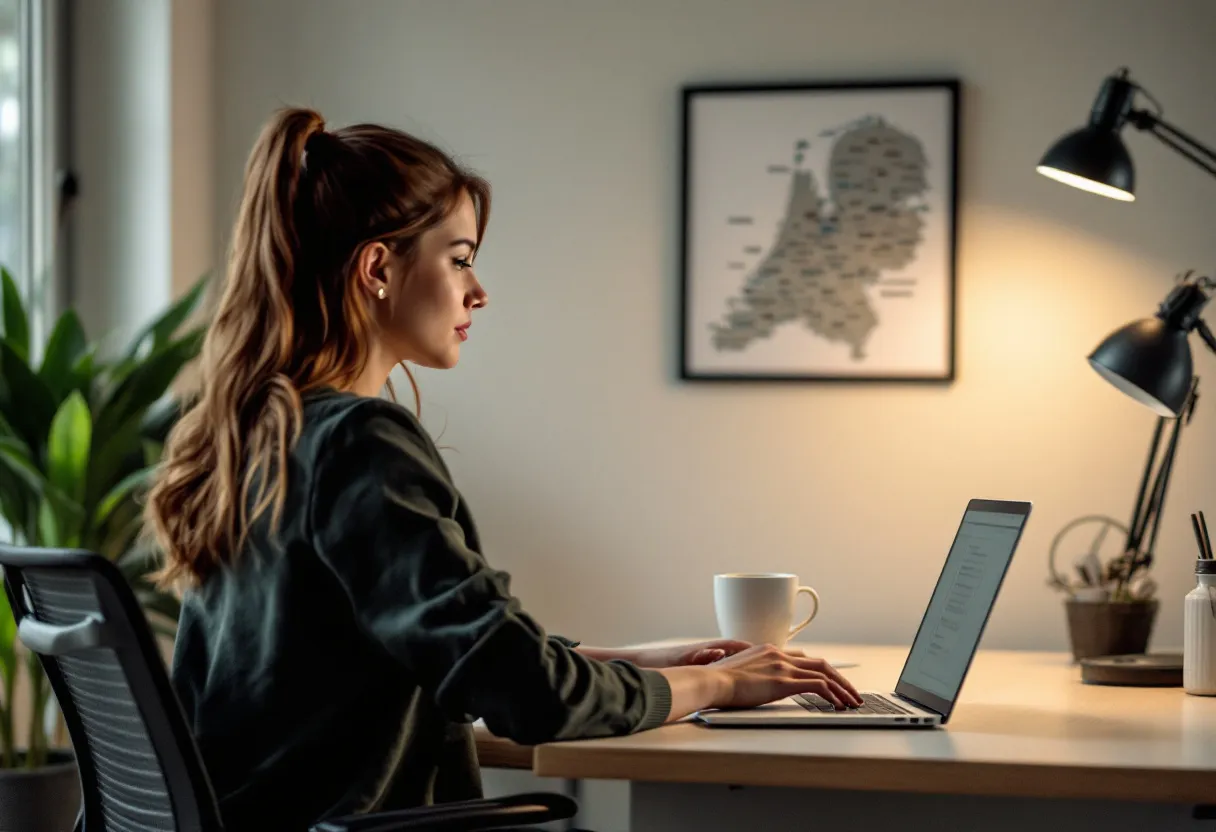 Een jonge vrouw zit aan een opgeruimd bureau met een laptop en een kop koffie, ze kijkt tevreden naar het scherm, terwijl op de achtergrond een gedetailleerde kaart van Vlaanderen zichtbaar is met spelden die verschillende steden markeren.
