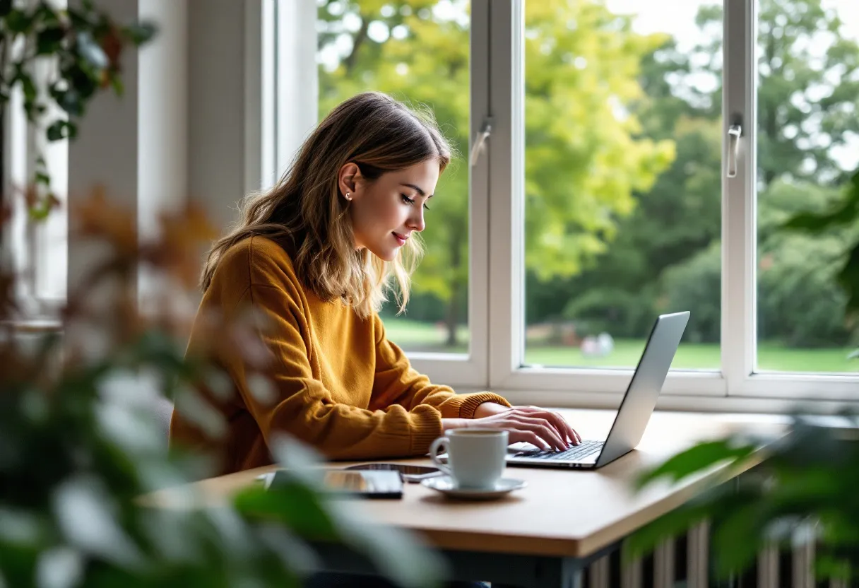 Un bureau lumineux en Flandre avec une jeune femme concentrée travaillant sur un ordinateur portable moderne, avec vue sur un parc verdoyant à travers la fenêtre.