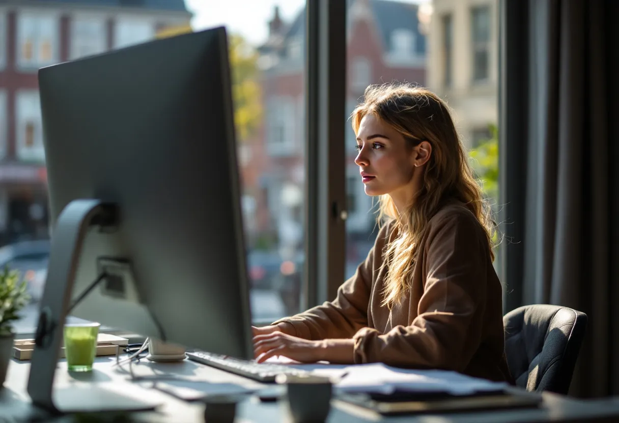 A young woman sits behind a desk with two computer screens, near a window overlooking a Flemish street, smiling as she organizes documents.