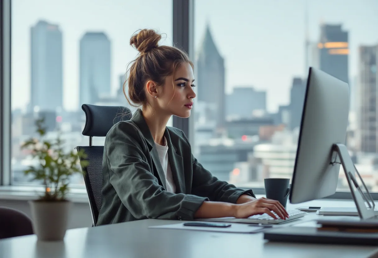Une jeune professionnelle souriante est assise à un bureau moderne dans un espace de bureau lumineux à Anvers, regardant une liste d'emplois administratifs sur son écran d'ordinateur, avec en arrière-plan la skyline d'Anvers.