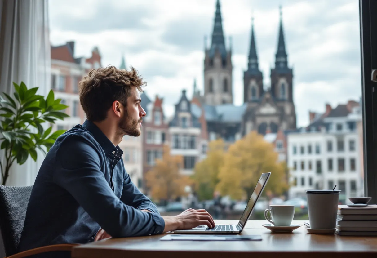 Un jeune professionnel est assis à un bureau avec un ordinateur portable et un café, regardant le centre historique de Gand avec les tours de la cathédrale Saint-Bavon en arrière-plan.