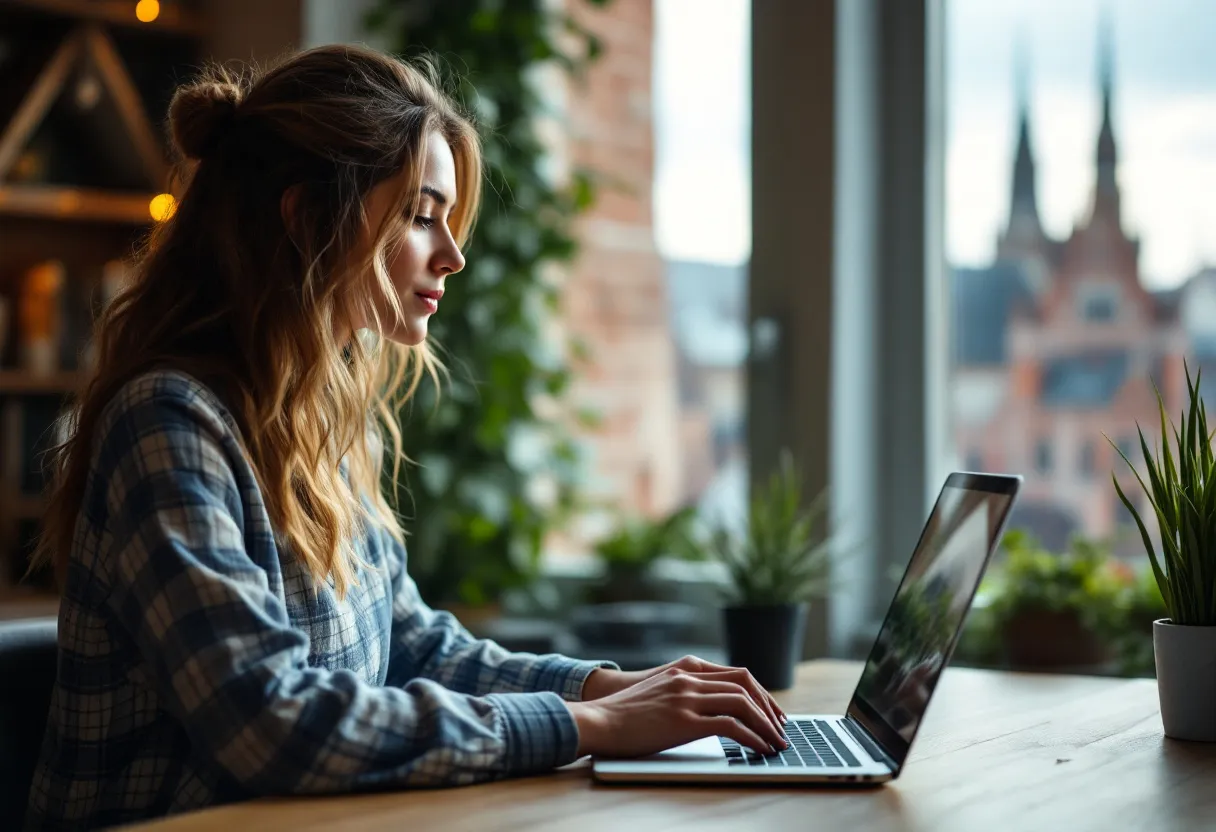 Une jeune femme dans un environnement de bureau tendance regarde son ordinateur portable en souriant, tandis qu'à l'arrière-plan à travers la fenêtre, les tours historiques de Bruges sont visibles.