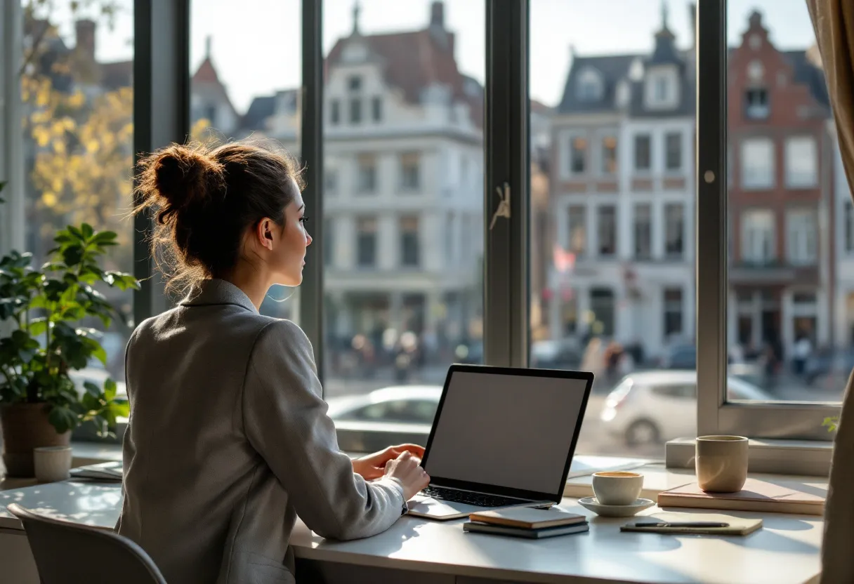 Une jeune femme en blazer est assise à un bureau blanc, avec un ordinateur portable et une tasse de café, et regarde en souriant par la fenêtre les bâtiments historiques de Louvain, tout en mettant à jour son CV.