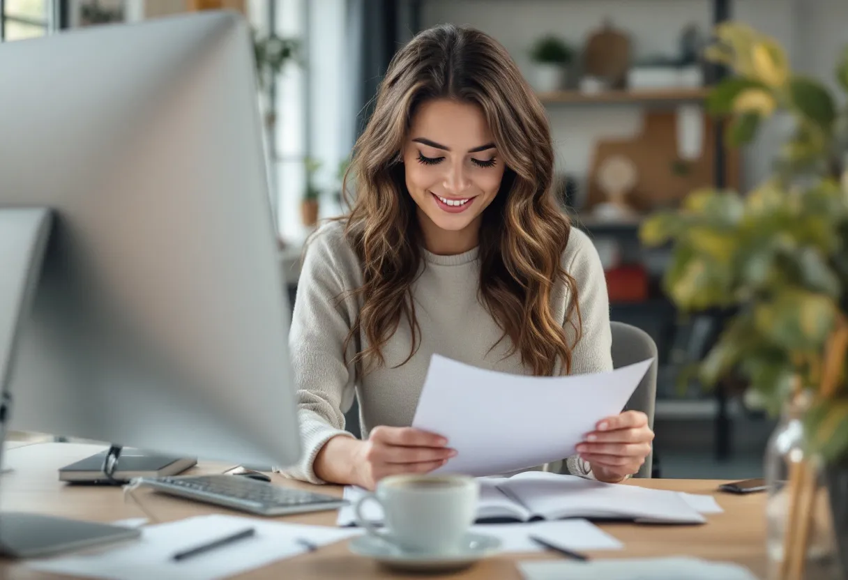 Une jeune femme souriante est assise derrière un bureau dans un bureau lumineux à Hasselt, avec un écran d'ordinateur et une tasse de café, tout en pointant un document.