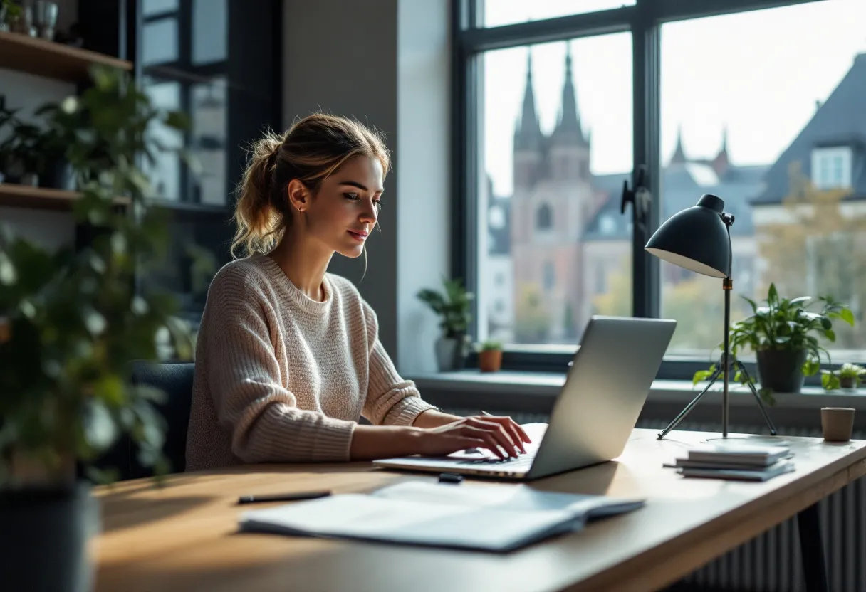 Une jeune professionnelle est assise à un bureau moderne dans un espace de bureau lumineux à Malines, un ordinateur portable et des documents devant elle, la tour Saint-Rombaut est visible par la fenêtre.