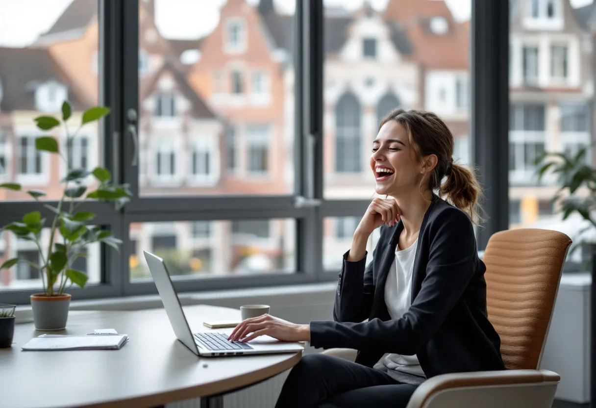 Une jeune femme est assise à un bureau moderne dans un bureau à Turnhout, avec vue sur le béguinage historique ; elle sourit en effectuant des tâches administratives sur son ordinateur portable.