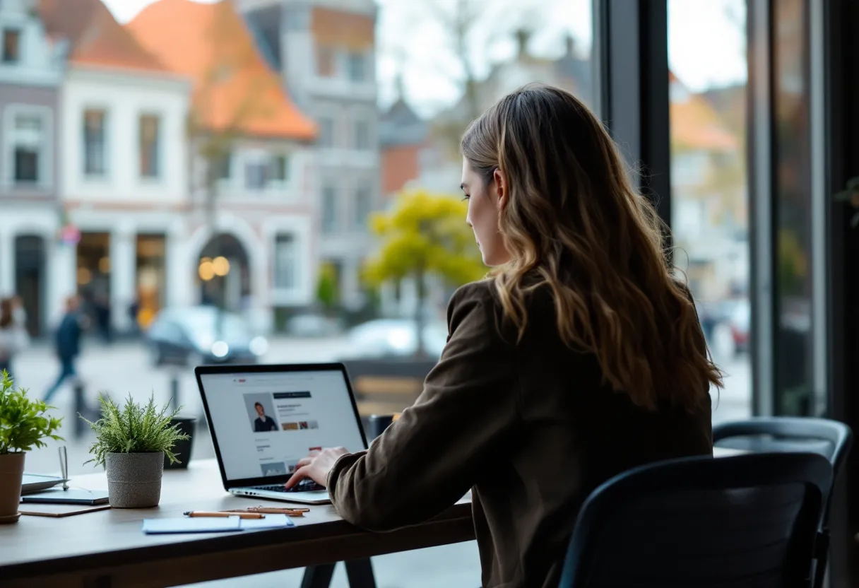 Une jeune femme assise à un bureau avec un ordinateur portable et un bloc-notes, regarde par la fenêtre la Grand-Place d’Alost avec son beffroi en arrière-plan et sourit à une offre d’emploi administratif sur son écran.