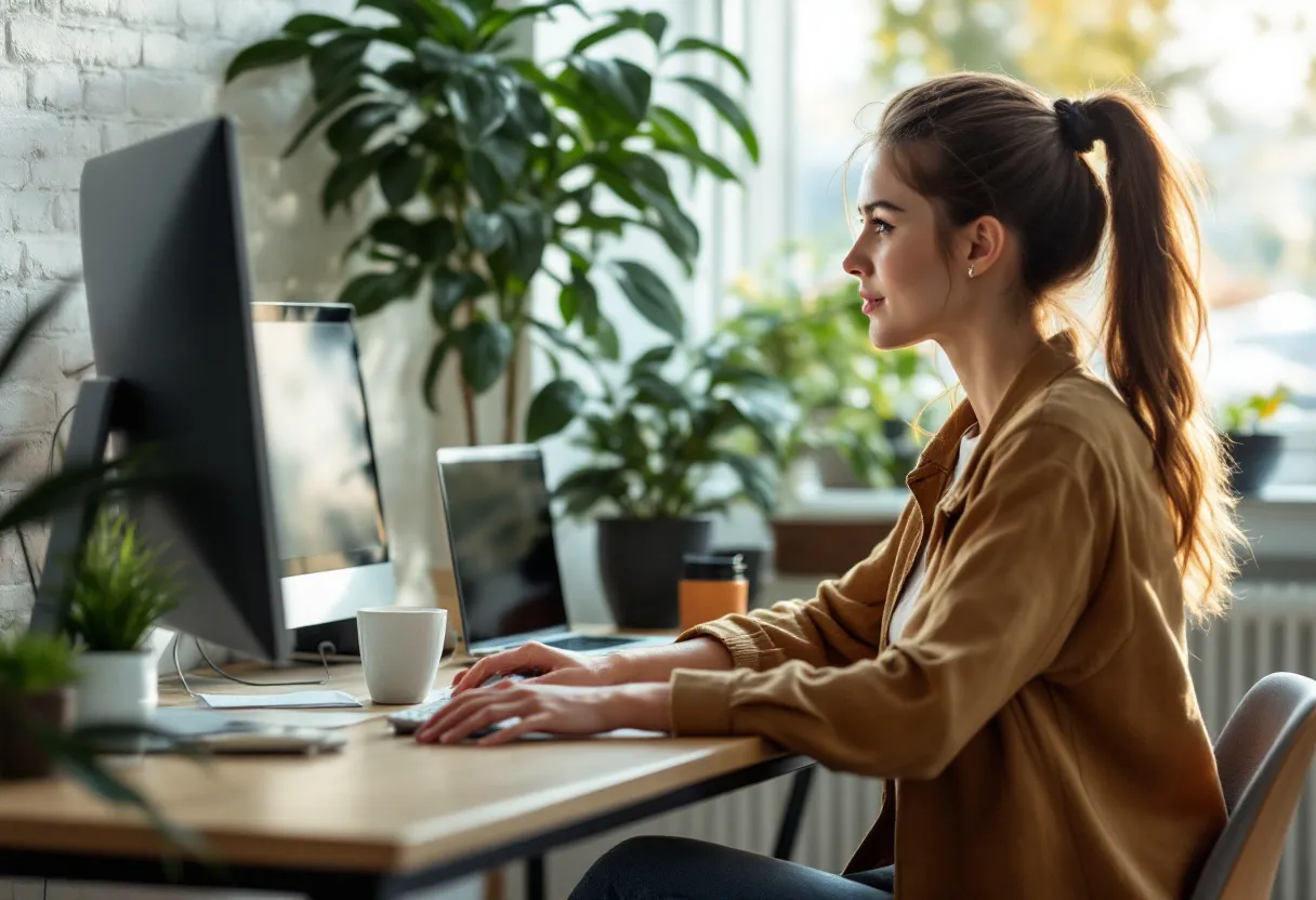 Une jeune femme souriante est assise à un bureau en bois dans un bureau lumineux à Halle, regardant un écran d'ordinateur avec une liste de postes vacants ouverte, une tasse de café et une plante verte en arrière-plan.