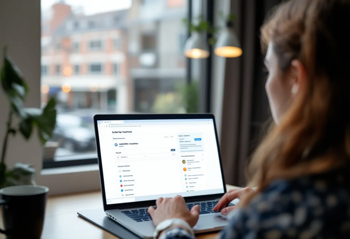 Une jeune femme dans un bureau moderne à Dilbeek consulte avec satisfaction un écran d'ordinateur portable affichant des offres d'emploi administratives, avec vue sur la maison communale de Dilbeek.