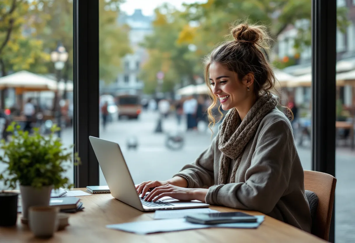 A smiling young woman with glasses types on a laptop while sitting at a wooden desk, with a large window in the background overlooking a Flemish town square with terraces and bicycles.