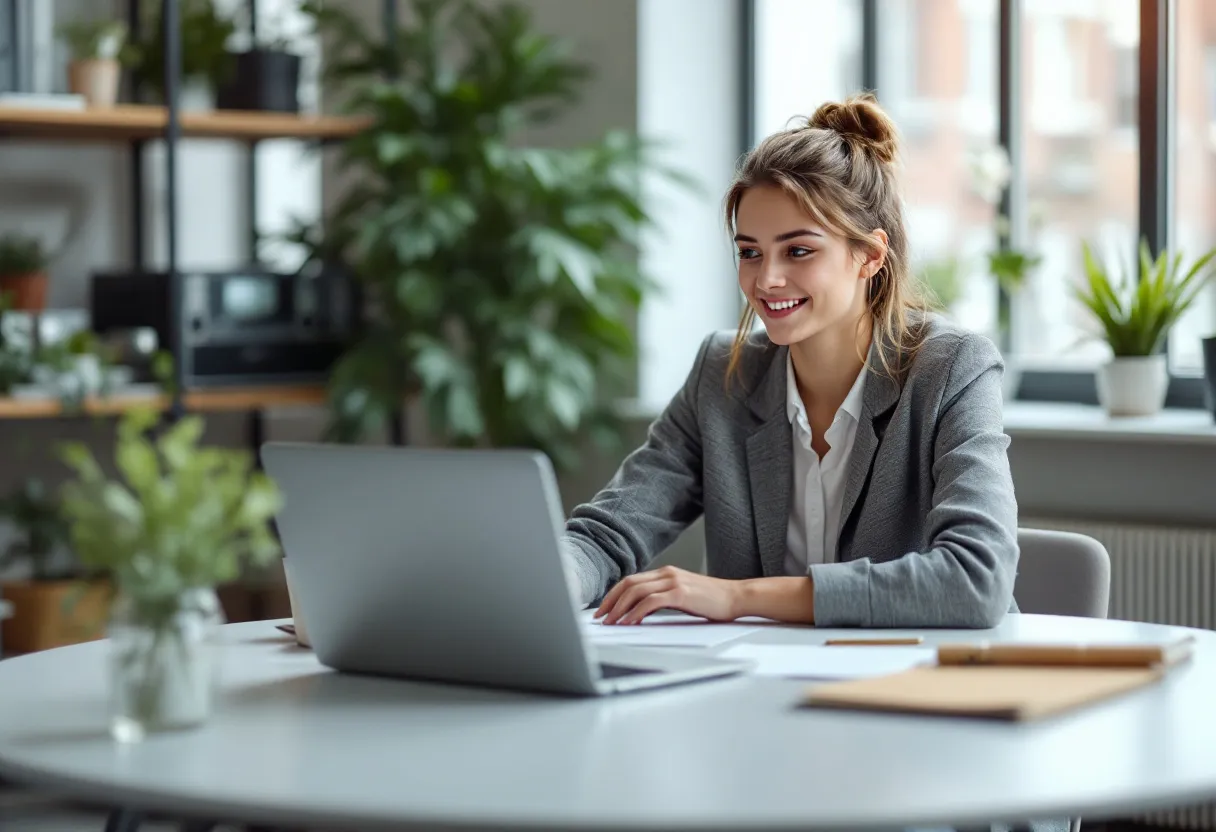 A young starter sits relaxed at a desk with a laptop and a cup of coffee, while reading an administrative vacancy in a bright, modern office in Vlaanderen.
