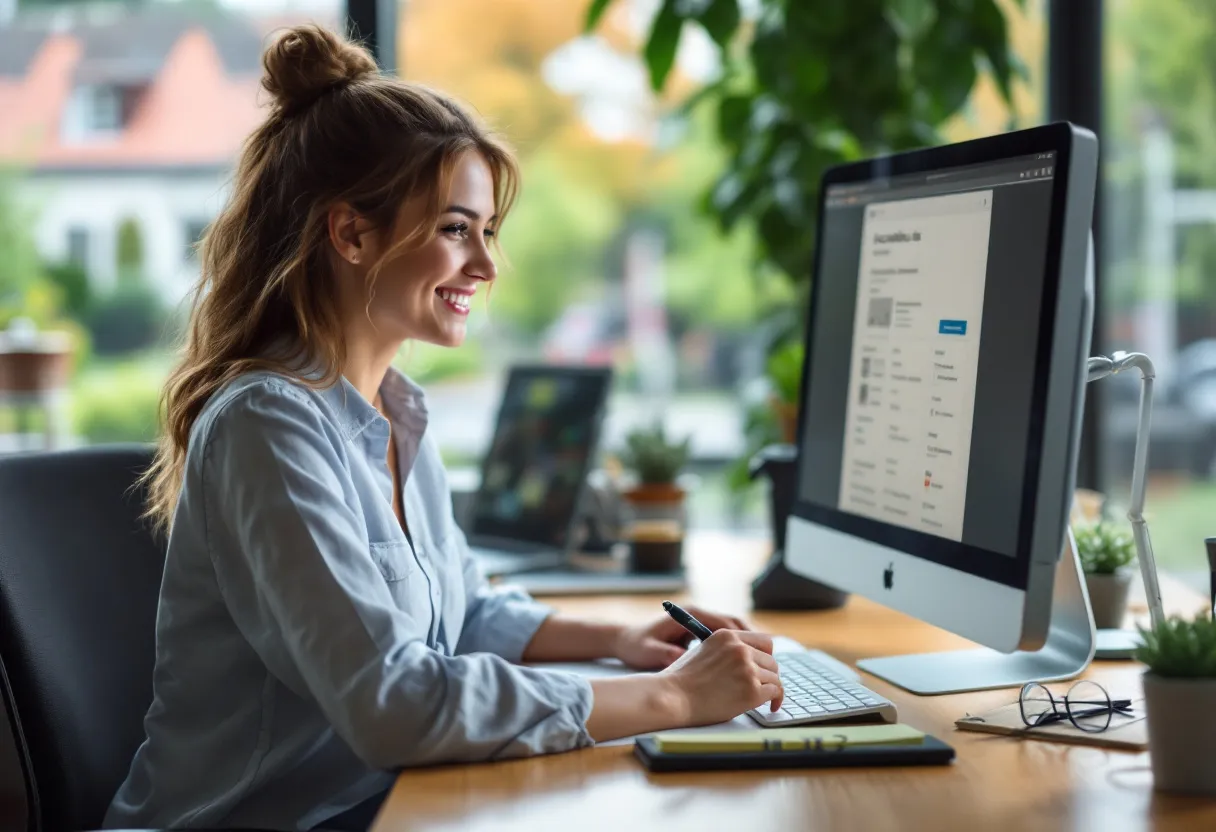 A young woman with a friendly smile sits at a sleek desk in an office in Flanders, she is looking at administrative job vacancies on a desktop screen, while holding a pen and a notepad ready, with a sunny open-plan office and a cityscape of Leuven in the background.