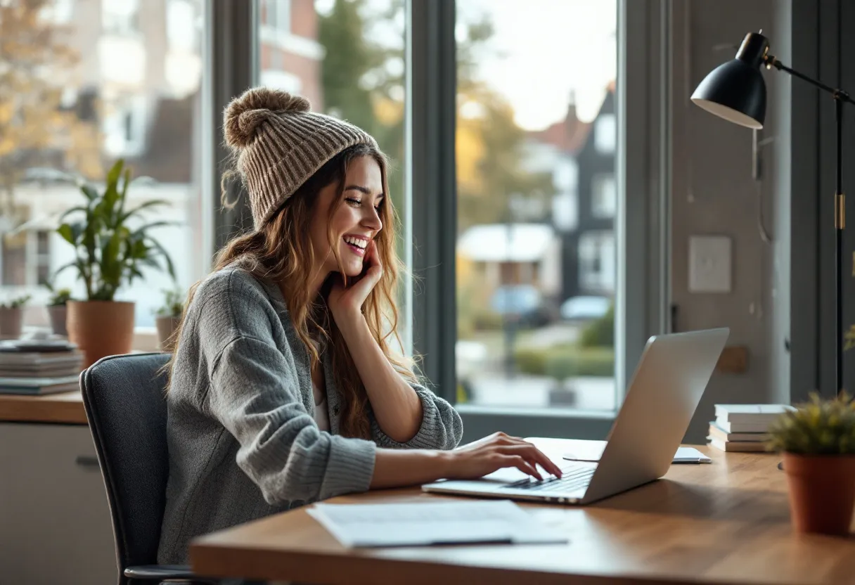 A smiling young woman sits at a desk by the window, overlooking a typical Flemish village center, while viewing administrative vacancies in her area on her laptop.