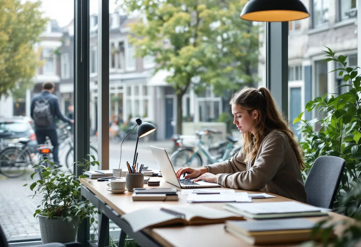 Een student werkt geconcentreerd aan een bureau in een modern kantoor, met een laptop en documenten, terwijl buiten het raam een typisch Vlaamse stadsstraat met fietsen en bakstenen gevels zichtbaar is.