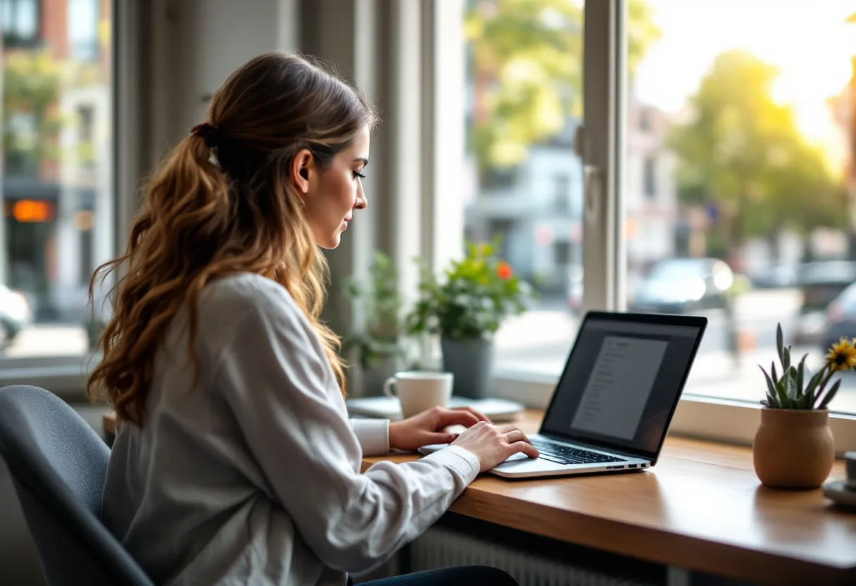 Une jeune femme souriante, assise à un bureau en bois, consulte sur son ordinateur portable un aperçu des offres d'emploi administratives dans la région d'Anvers, avec une tasse de café à portée de main et, par la fenêtre, une vue sur une rue ensoleillée d'un village flamand.