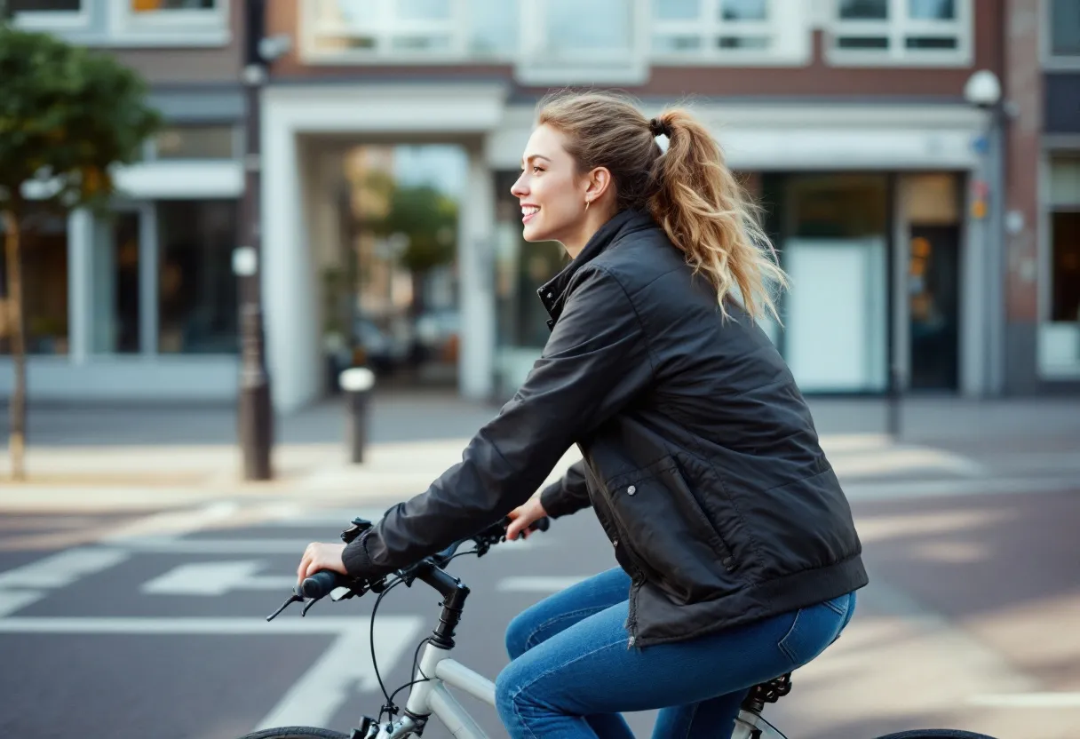 Een jonge vrouw fietst door een Vlaamse straat naar een kantoorgebouw met een vacaturebord voor administratieve functies, op een zonnige dag.