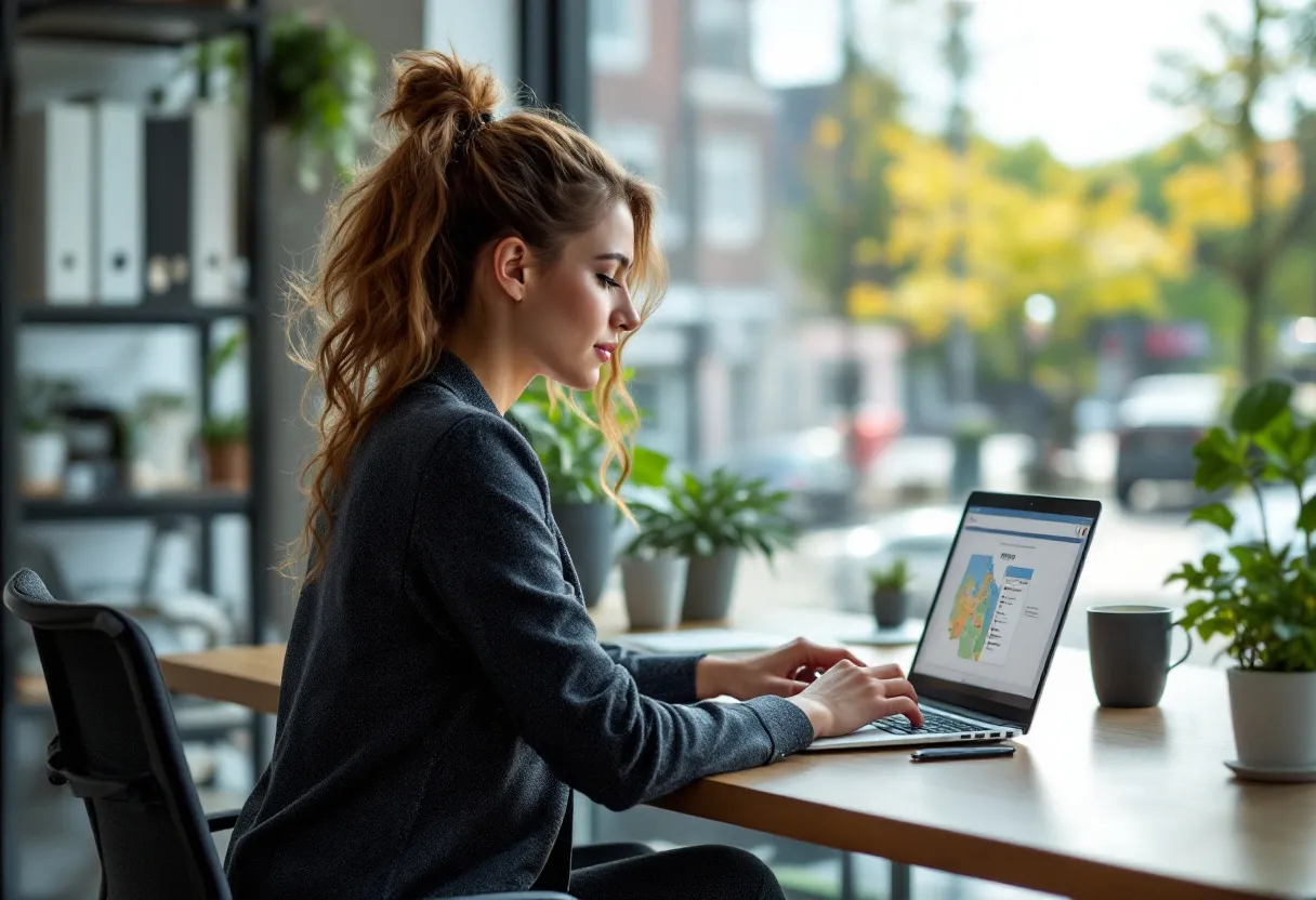 Een glimlachende jonge vrouw zit aan een bureau in een modern kantoor met zicht op een Vlaamse binnenstad door het raam, terwijl ze een vacaturewebsite op haar laptop bekijkt met een kaart die reisafstanden toont.