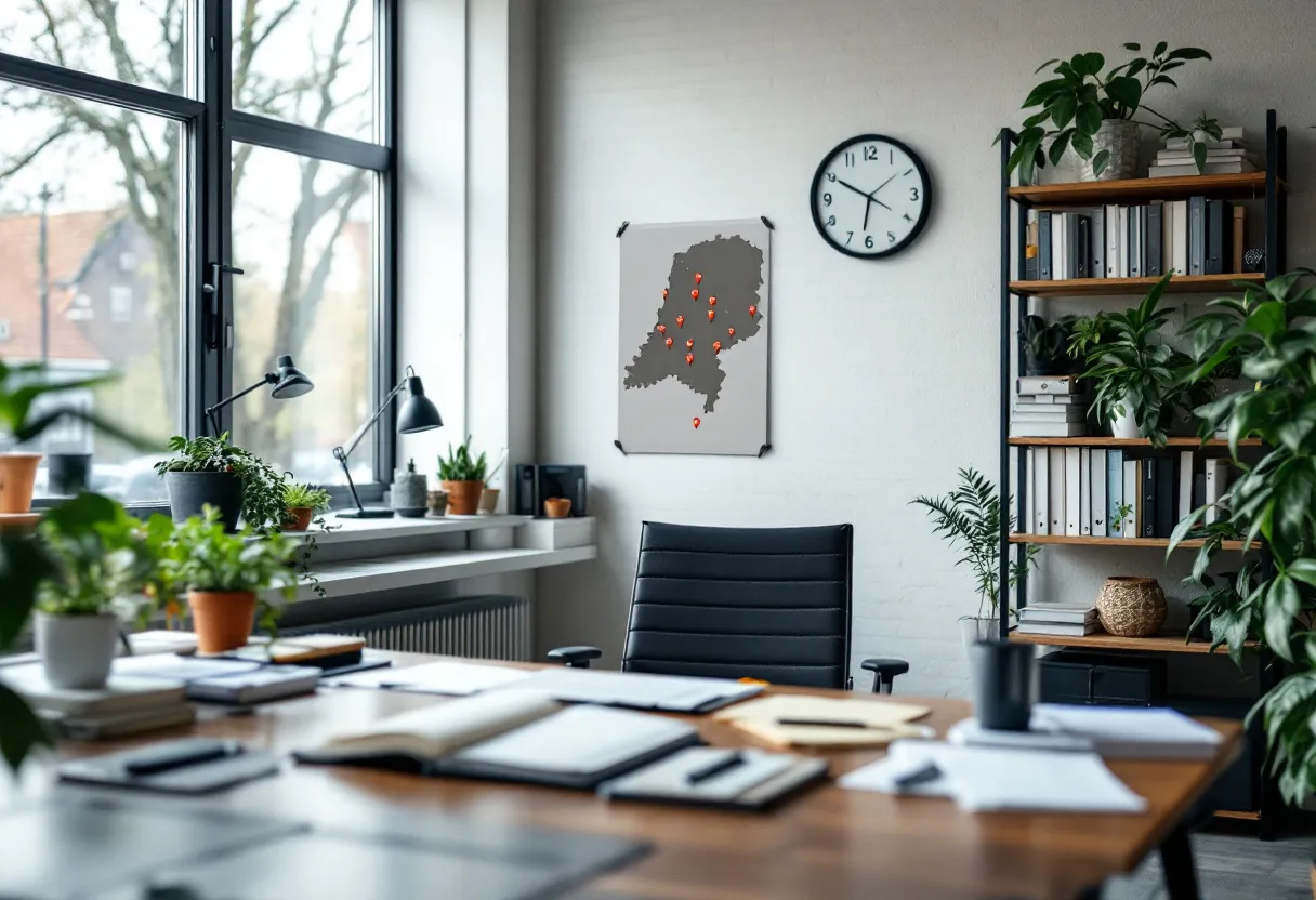 Een helder kantoor met een bureau, computer en documenten, met een kaart van Vlaanderen gemarkeerd met punaises die administratieve flexi-joblocaties aangeven.
