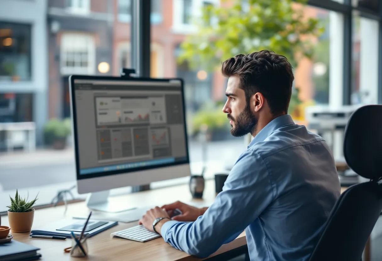 Een jonge professional aan een bureau in een helder kantoor, kijkend naar een computerscherm met een kaart van vacatures en reisafstand-markers, met uitzicht op een Vlaamse stadsstraat door het raam.